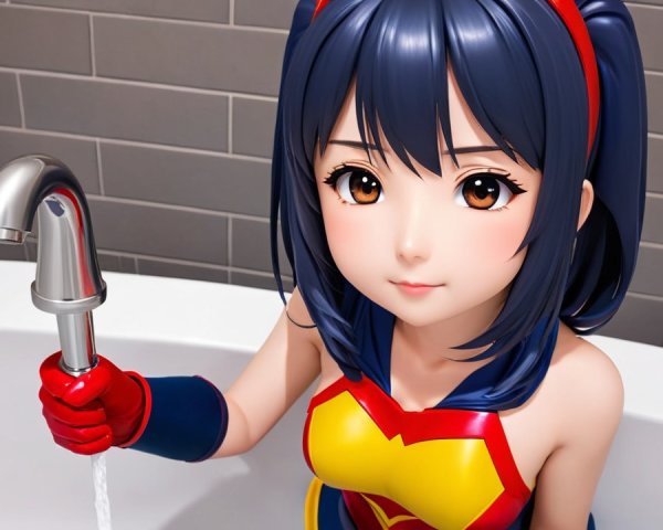 Anime Character in Bathtub with Superhero Costume