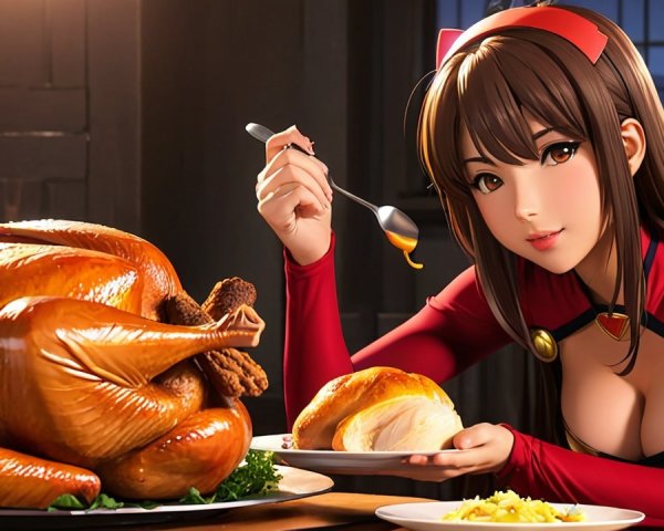 Stylized character serving turkey in warm setting