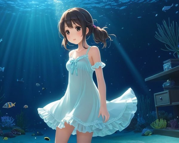Young girl in blue dress underwater with marine life