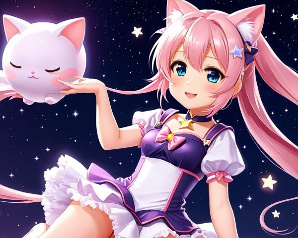 Cheerful character with pink hair and starry background