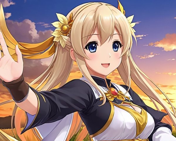 Cheerful anime character with floral accents and sunset