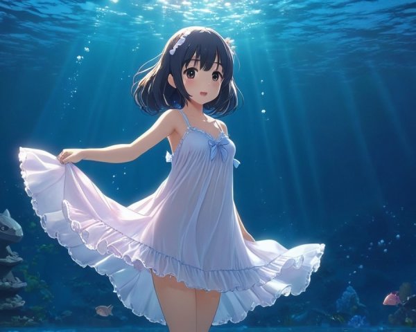 Young girl underwater in flowing dress with fish