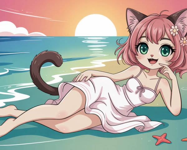 Anthropomorphic cat girl on beach at sunset