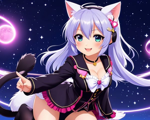 Cheerful Anime Character with Silver Hair and Cat Ears