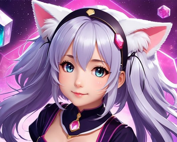 Anime Character with Silver Hair and Cosmic Background
