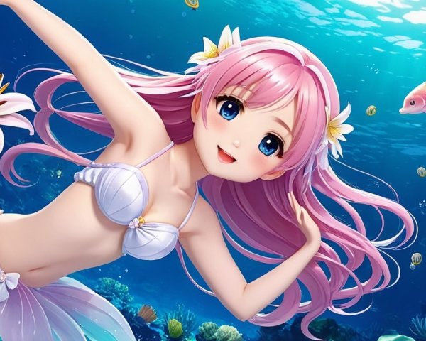 Cheerful mermaid with pink hair in vibrant ocean scene