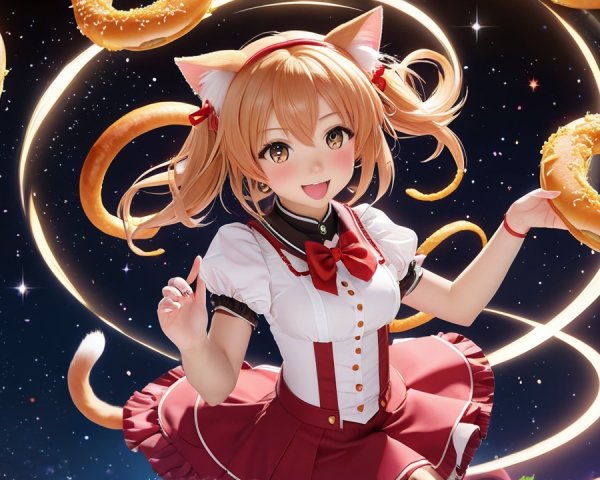 Cheerful anime character with cat ears in cosmic scene