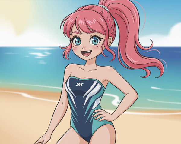 Ecstatic Anime Girl in Blue Swimsuit on Beach