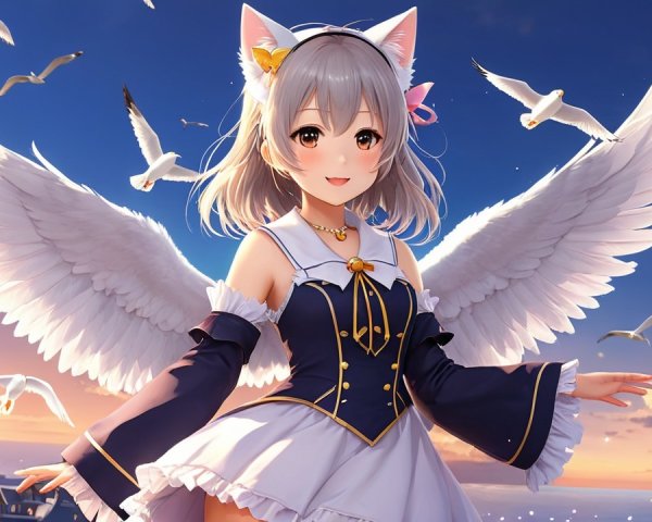 Whimsical Character with Wings at Vibrant Sunset