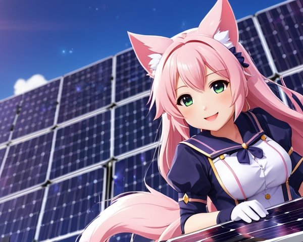 Cheerful Anime Character with Pink Hair and Solar Panels