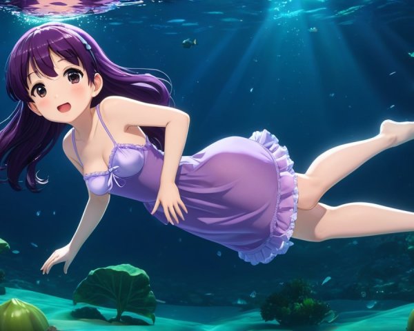 Young girl with purple hair swimming in serene waters