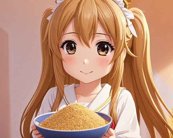 Cheerful girl in kitchen with blue bowl of sand