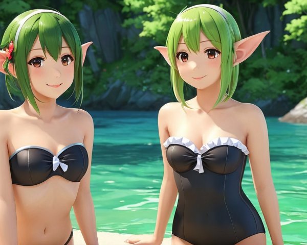 Animated Elf Girls by Turquoise Sea in Swimsuits