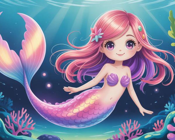 Cute anime mermaid with pink and purple hair underwater