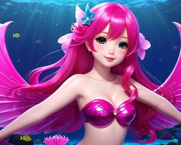 Vibrant Mermaid Surrounded by Coral and Tropical Fish