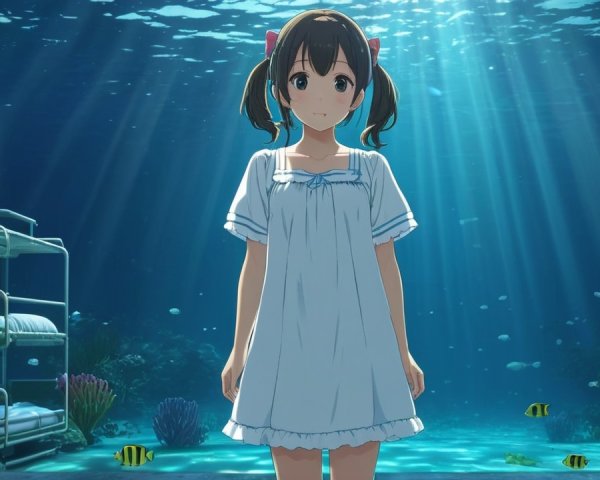 Young girl in white nightgown in serene underwater scene