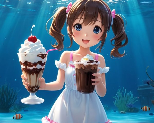 Anime girl with desserts underwater and vibrant marine life