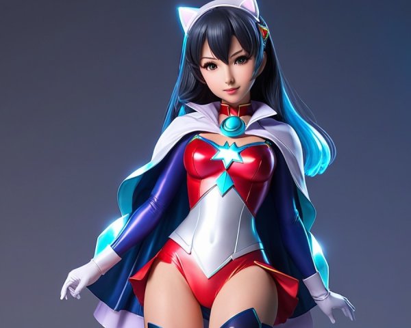 Anime-style superheroine in vibrant costume with cape