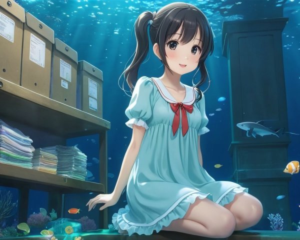 Cheerful girl in blue dress underwater with fish