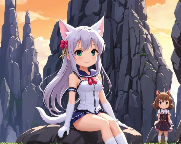 Anime Characters in Vibrant Fantasy Landscape at Sunset