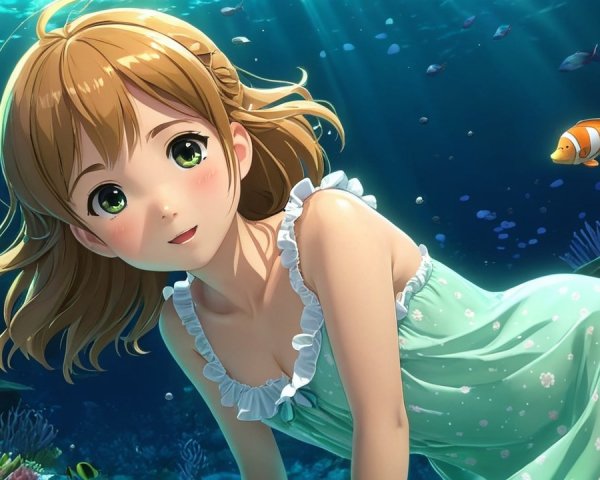 Young girl swimming in vibrant underwater scene