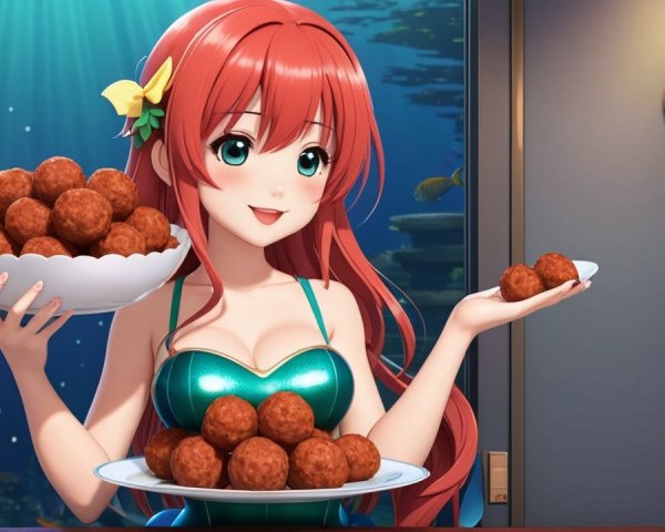 Cheerful girl with red hair and meatball platters