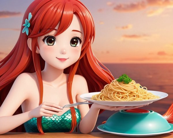 Mermaid at Seaside Table with Spaghetti Dinner