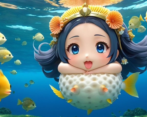 Whimsical Underwater Scene with Chibi Girl and Pufferfish
