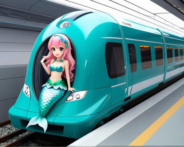 Turquoise Train with Mermaid Design at Modern Platform
