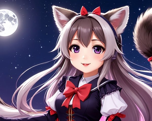 Anime Character with Cat Features Under Full Moon