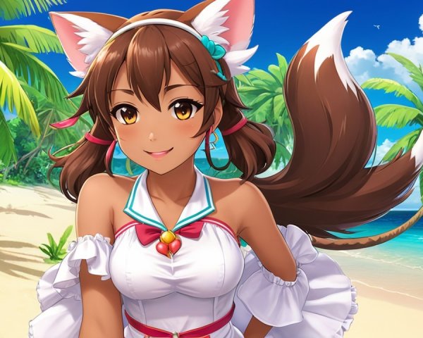 Cheerful girl with fox features on tropical beach