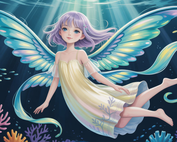 Anime Illustration of a Fairy Underwater Scene