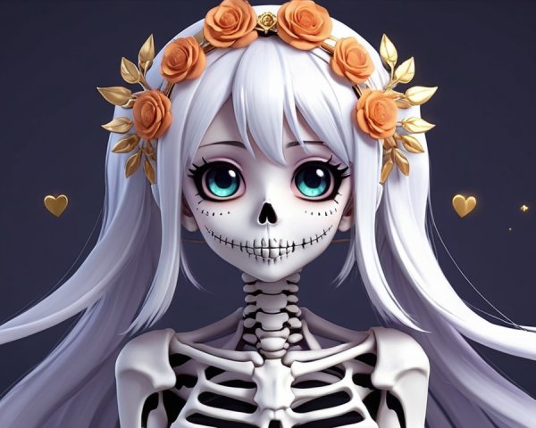 Stylized skeleton character with oversized eyes and hair