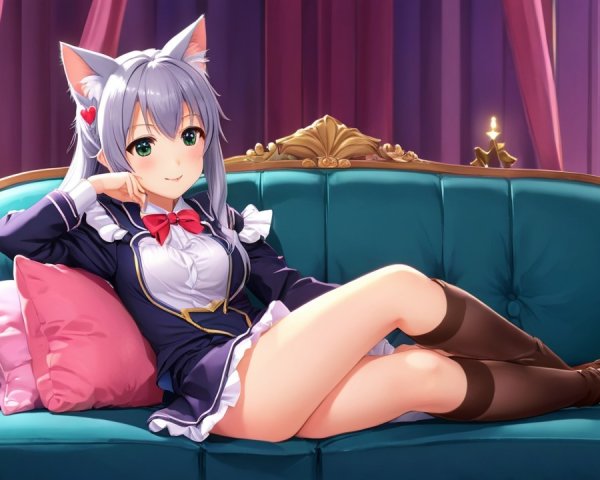 Anime Character with Cat Ears on Teal Sofa
