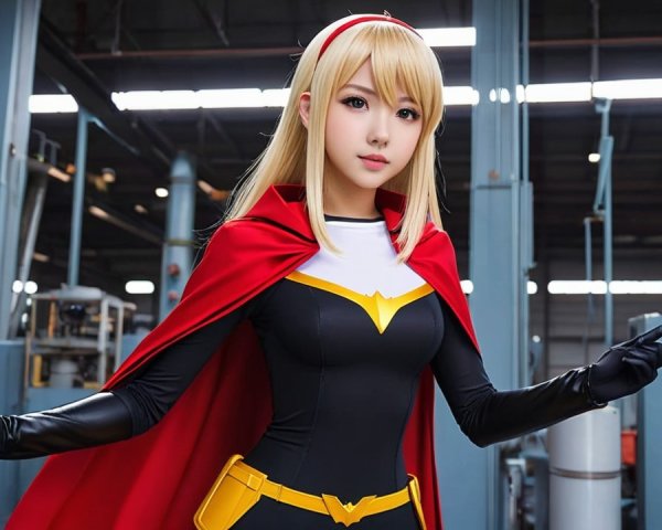 Superhero Character in Industrial Setting with Cape