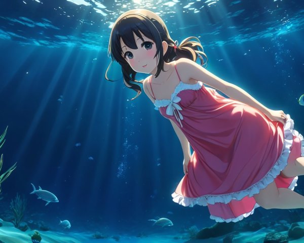 Young girl swimming gracefully among vibrant marine life
