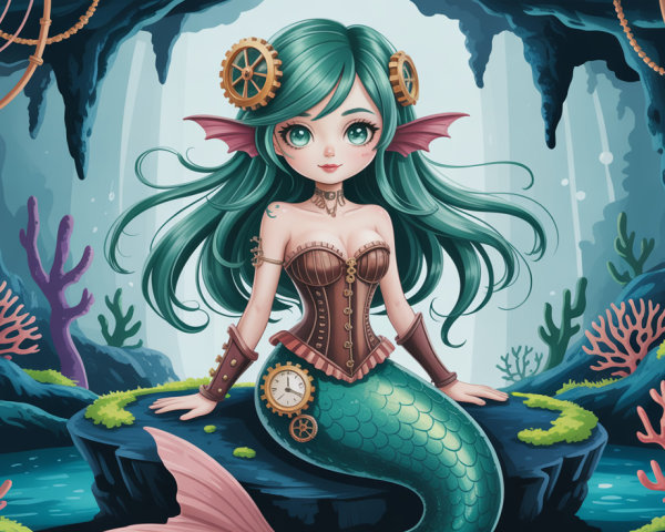 Steampunk Mermaid Illustration in Underwater Cave