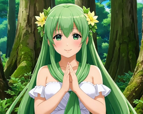 Young woman with green hair in a tranquil forest