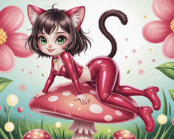 Cartoon Cat Girl in Red Latex on a Mushroom Scene