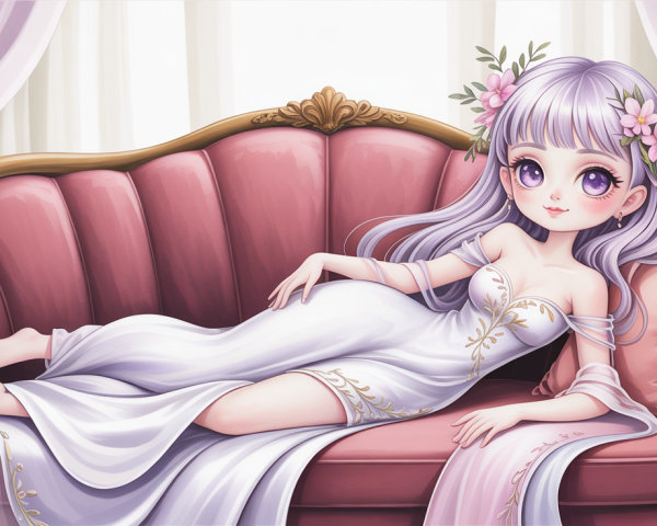 Anime Illustration of a Princess on a Red Couch
