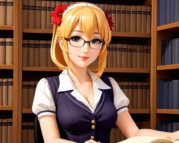 Animated Character in Library with Books and Glasses