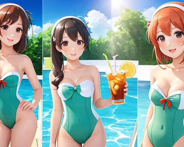 Three Characters by Pool in Stylish Swimsuits