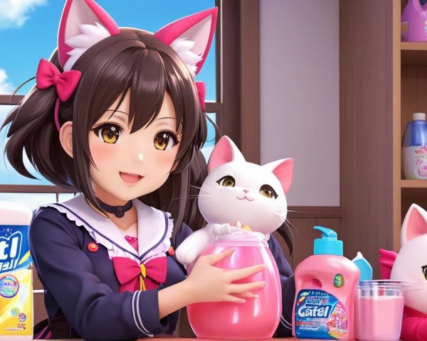 Cheerful girl with cat ears mixing colorful concoction