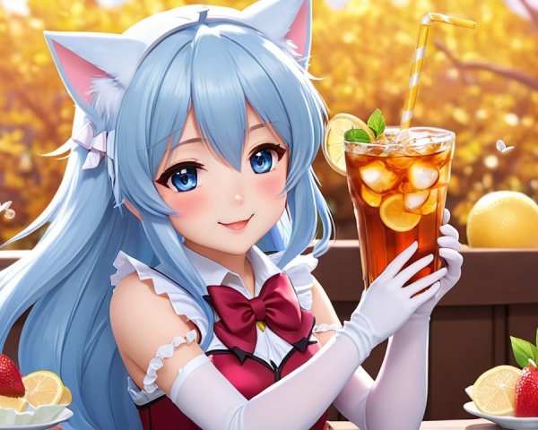 Cheerful anime character at sunny cafe with iced tea
