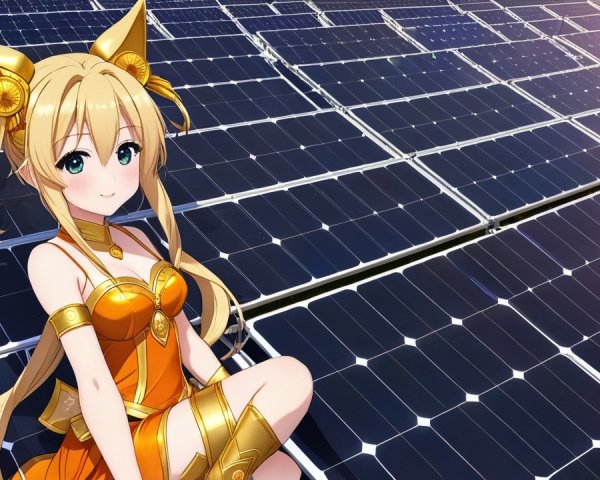 Cheerful anime character on solar panel array