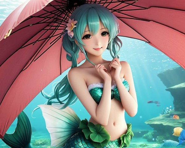 Underwater Scene with Mermaid and Colorful Fish