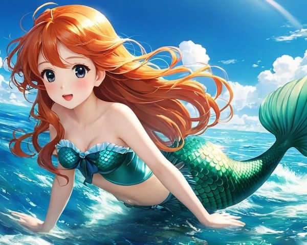 Cheerful Mermaid with Orange Hair in Blue Ocean