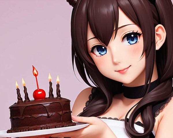 Cheerful Anime Character with Birthday Cake and Candles