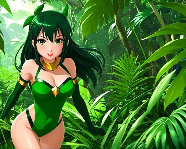 Vibrant Jungle Scene with Young Woman in Green Outfit