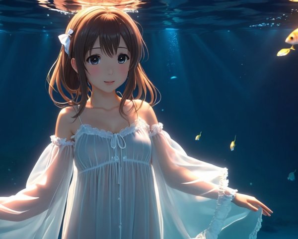 Young Woman in White Dress Underwater with Fish